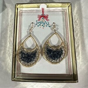 Boxed Jeweled Gold Hoop Dangle Earrings Beautiful! Beaded and Wired Blue Crystal